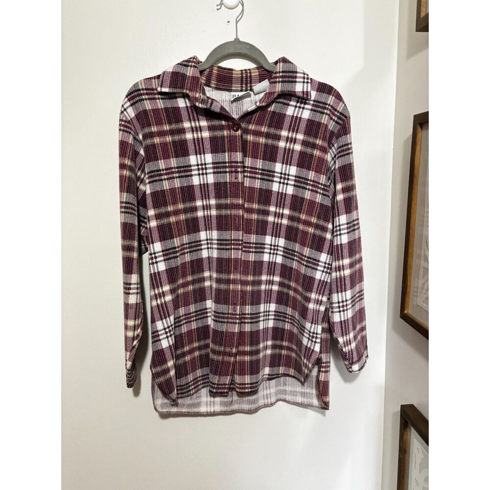 Basic Editions Plaid Knit Soft Button Down Flannel Cozy Casual S Long Sleeve